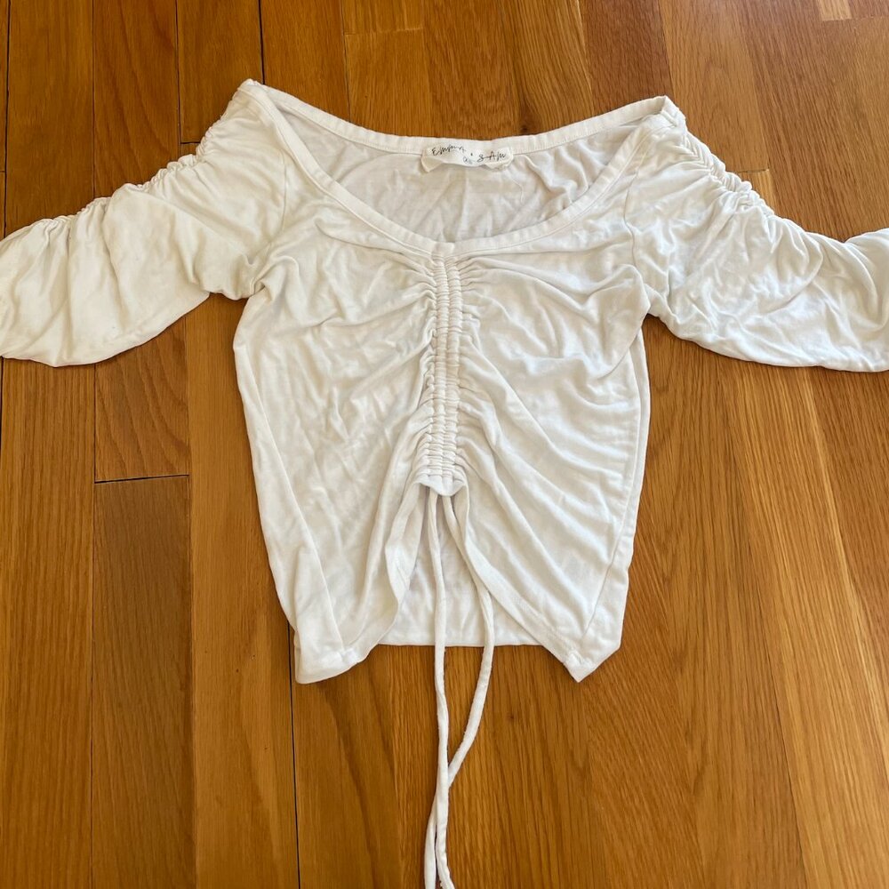 Emma + Sam White Off-Shoulder Ruched Top – Size XS